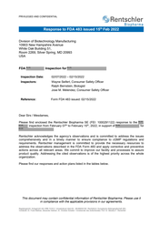 FDAzilla 483 Response Rentschler Biopharma SE, Laupheim | February 2022