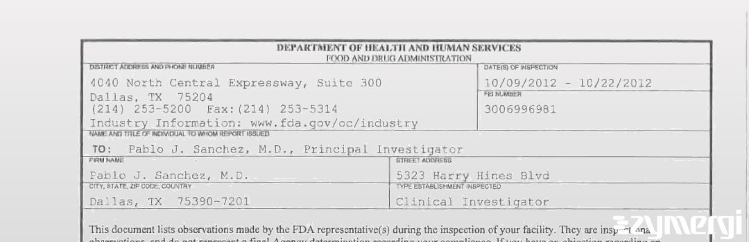 FDANews 483R Pablo J. Sanchez, M.D. Oct 22 2012 top