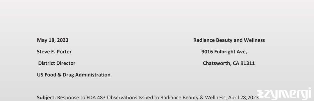 FDANews 483R RADIANCE BEAUTY & WELLNESS INC. Apr 28 2023 top