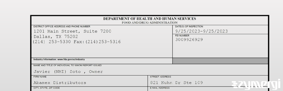 FDANews 483 Abamex Distributors Sep 25 2023 top