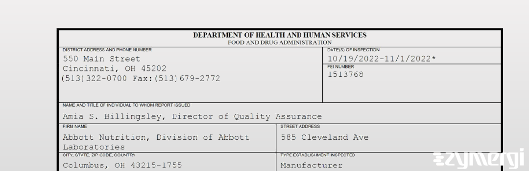 FDANews 483 Abbott Nutrition Division of Abbott Laboratories Nov 1 2022 top