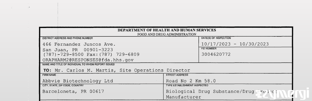 FDANews 483 Abbvie Biotechnology Ltd. Oct 30 2023 top