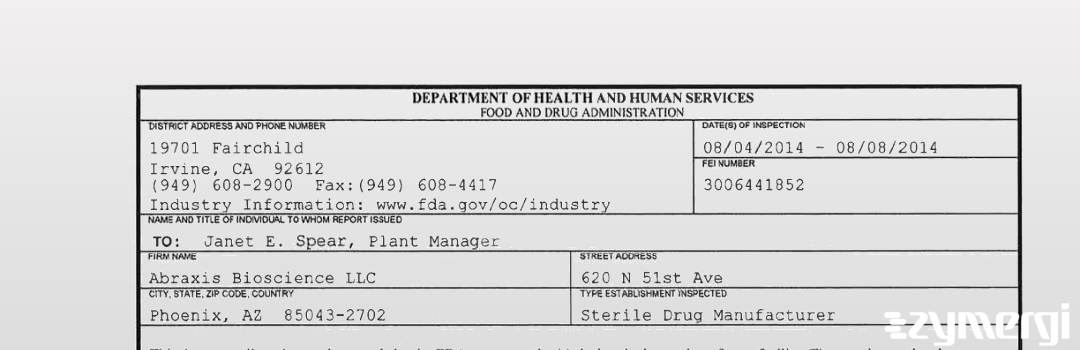 FDANews 483 Abraxis Bioscience Llc Aug 8 2014 top