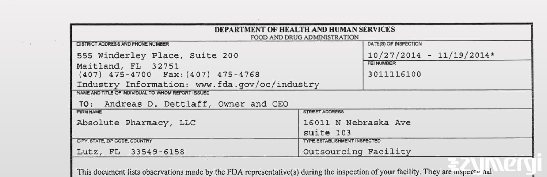 FDANews 483 Absolute Pharmacy, LLC Nov 19 2014 top
