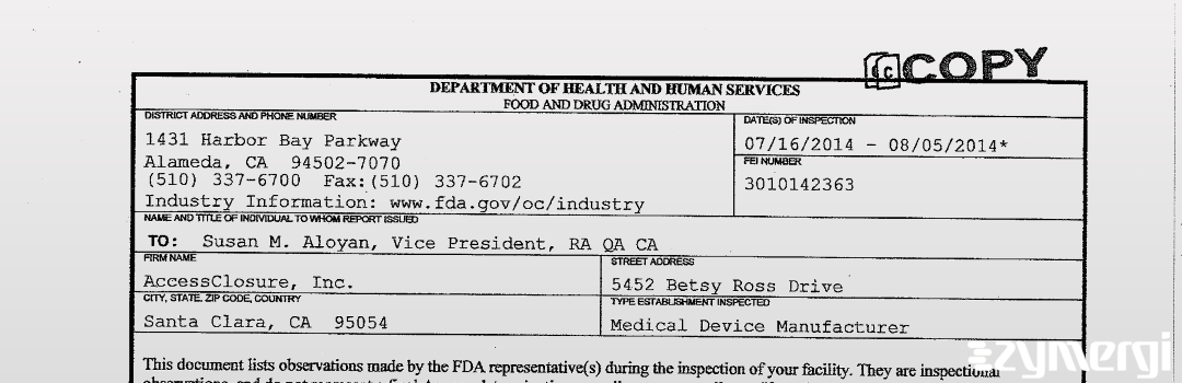 FDANews 483 Accessclosure Inc Aug 5 2014 top
