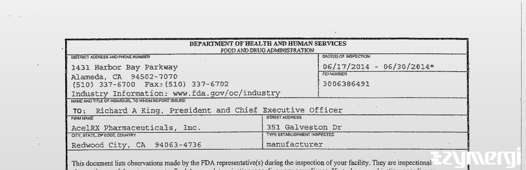FDANews 483 AcelRx Pharmaceuticals, Inc. Jun 30 2014 top