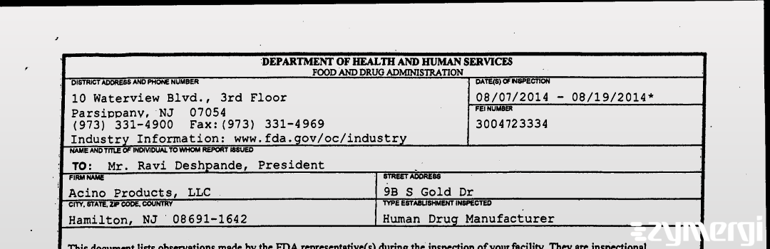 FDANews 483 Acino Products, LLC Aug 19 2014 top