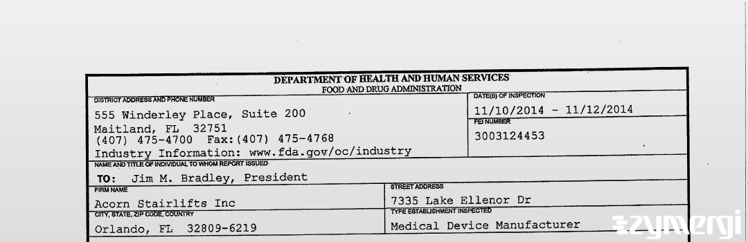 FDANews 483 Acorn Stairlifts, Inc Nov 12 2014 top