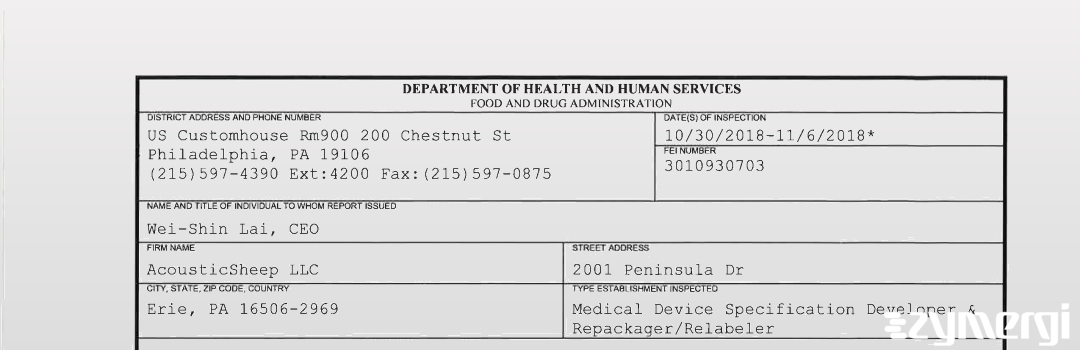FDANews 483 AcousticSheep LLC Nov 6 2018 top