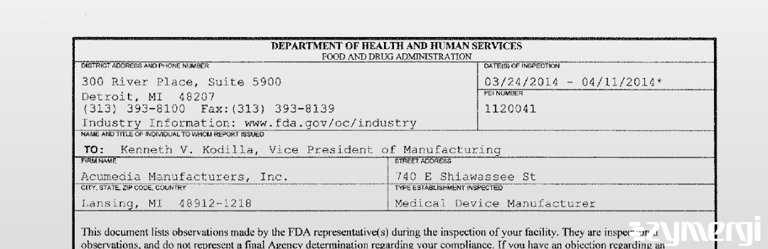 FDANews 483 Acumedia Manufacturers, Inc. Apr 11 2014 top