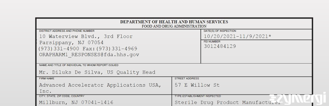 FDANews 483 Advanced Accelerator Applications USA, Inc. Nov 9 2021 top