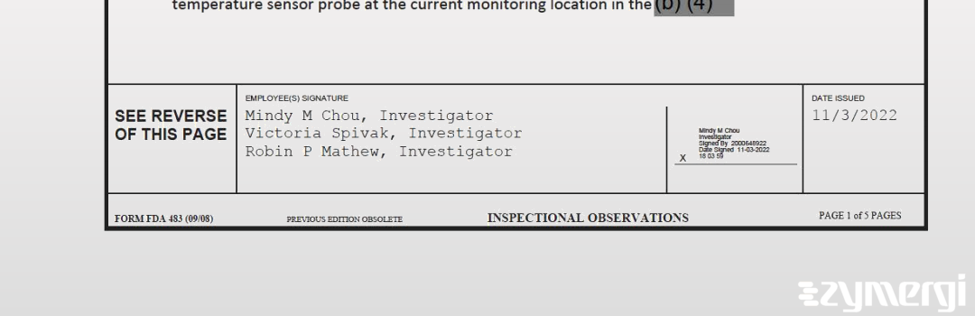 Robin P. Mathew FDA Investigator Mindy M. Chou FDA Investigator Victoria Spivak FDA Investigator