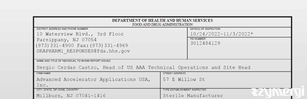 FDANews 483 Advanced Accelerator Applications USA, Inc. Nov 3 2022 top