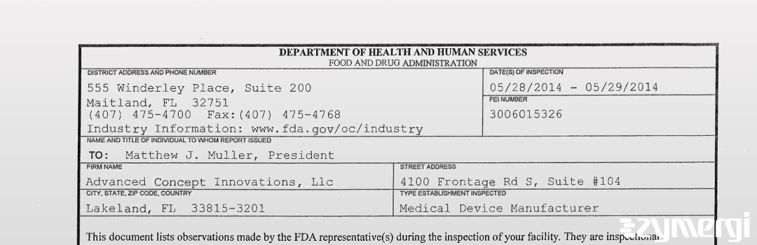 FDANews 483 Advanced Concept Innovations LLC May 29 2014 top