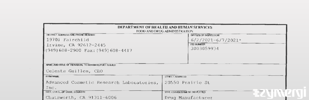FDANews 483 Advanced Cosmetic Research Laboratories, Inc. Jun 7 2021 top