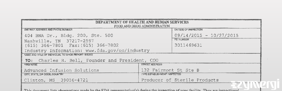 FDANews 483 Advanced Infusion Solutions Oct 27 2015 top