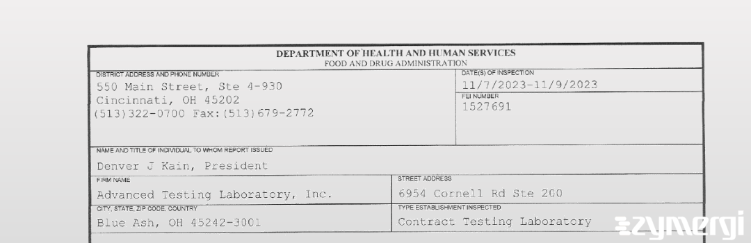 FDANews 483 Advanced Testing Laboratory, Inc. Nov 9 2023 top