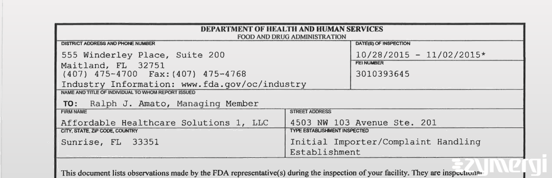 FDANews 483 Affordable Healthcare Solutions 1, LLC Nov 2 2015 top