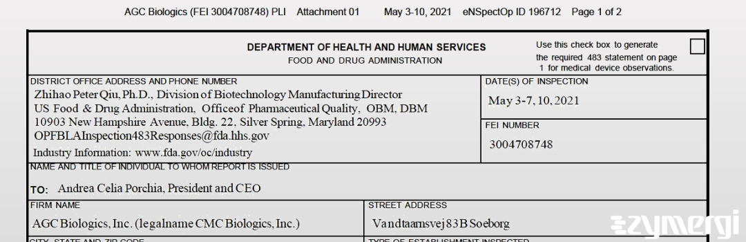 FDANews 483 AGC Biologics A/S May 10 2021 top