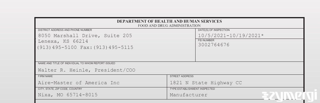 FDANews 483 Aire-Master of America Inc Oct 19 2021 top