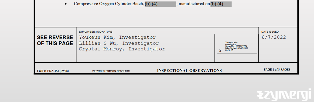 Crystal Monroy FDA Investigator Youkeun Kim FDA Investigator Lillian S. Wu FDA Investigator 