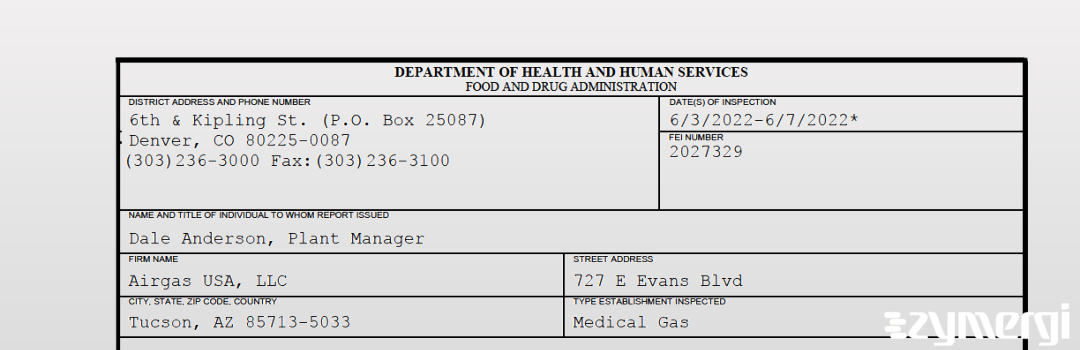 FDANews 483 AIRGAS USA, LLC. Jun 7 2022 top