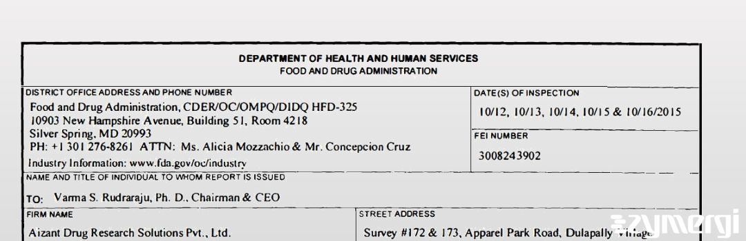 FDANews 483 Aizant Drug Research Solutions Pvt. Ltd. Oct 16 2015 top