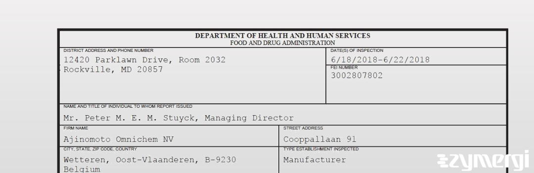 FDANews 483 Ajinomoto Omnichem NV Jun 22 2018 top