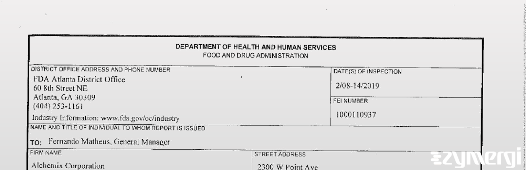 FDANews 483 Alchemix Corporation Feb 14 2019 top