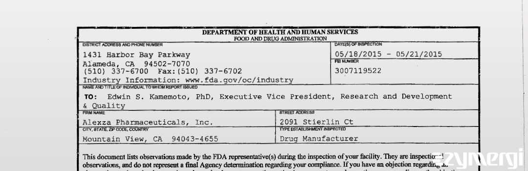 FDANews 483 Alexza Pharmaceuticals, Inc. May 21 2015 top