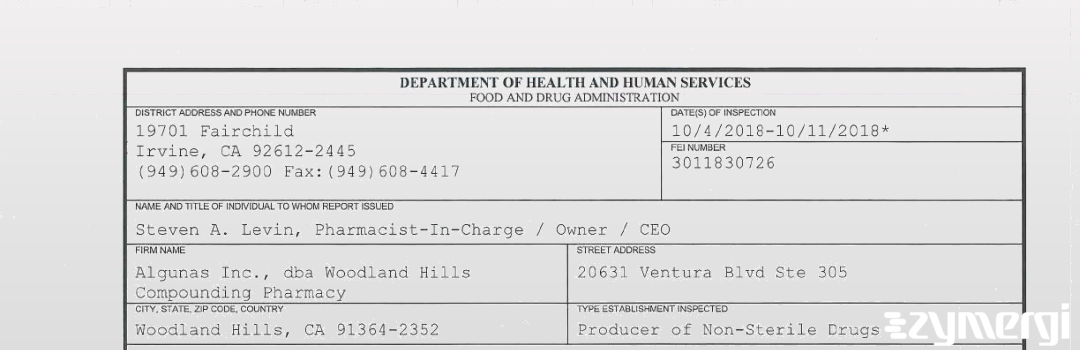 FDANews 483 Algunas Inc., dba Woodland Hills Compounding Pharmacy Oct 11 2018 top