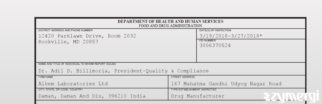 FDANews 483 Alkem Laboratories Ltd Mar 27 2018 top