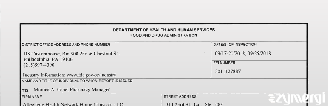 FDANews 483 Allegheny Health Network Home Infusion, LLC Sep 25 2018 top