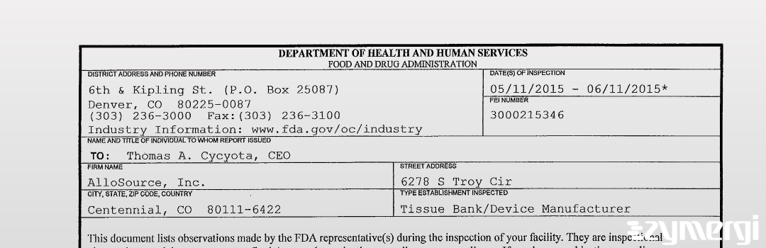 FDANews 483 AlloSource Inc Jun 11 2015 top