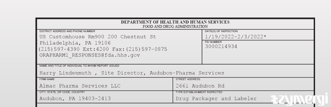 FDANews 483 Almac Pharma Services LLC Feb 3 2022 top