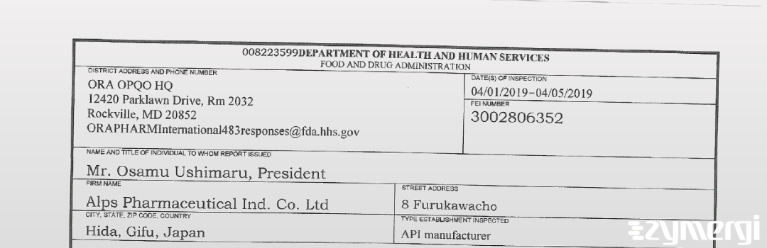 FDANews 483 Alps Pharmaceutical Industrial Co., Ltd. Apr 5 2019 top