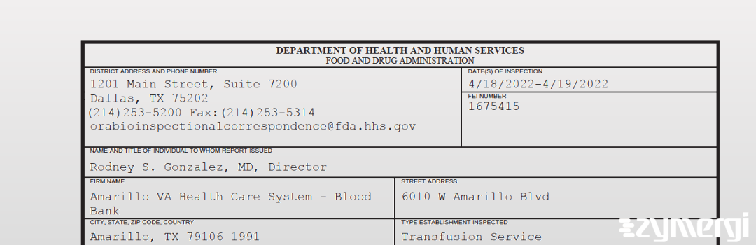 FDANews 483 Amarillo VA Health Care System - Blood Bank Apr 19 2022 top