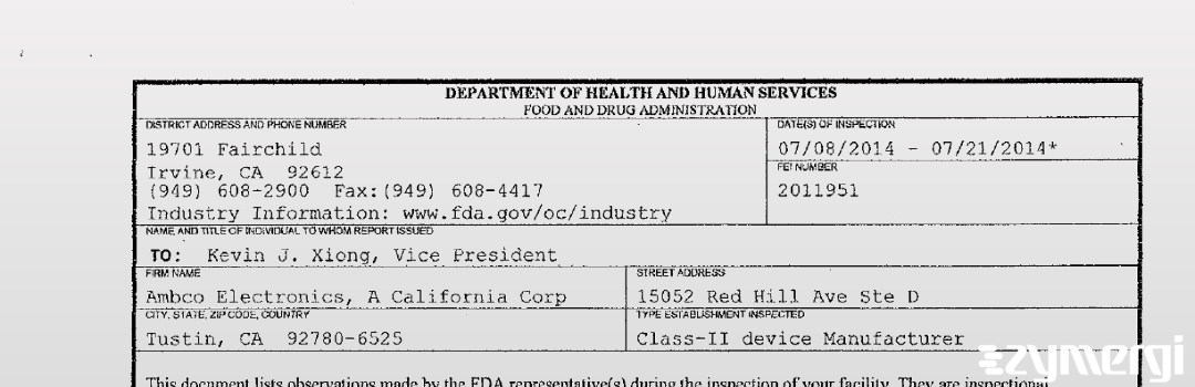 FDANews 483 Ambco Electronics, A California Corp Jul 21 2014 top