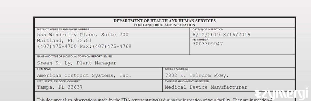 FDANews 483 American Contract Systems, Inc. Aug 16 2019 top