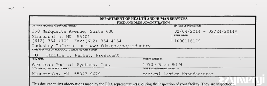 FDANews 483 American Medical Systems, Inc. Feb 24 2014 top