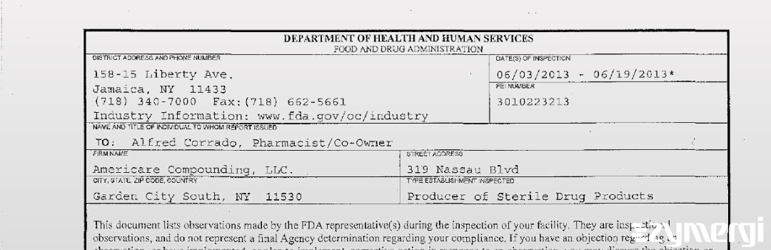 FDANews 483 Americare Compounding, LLC. Jun 19 2013 top