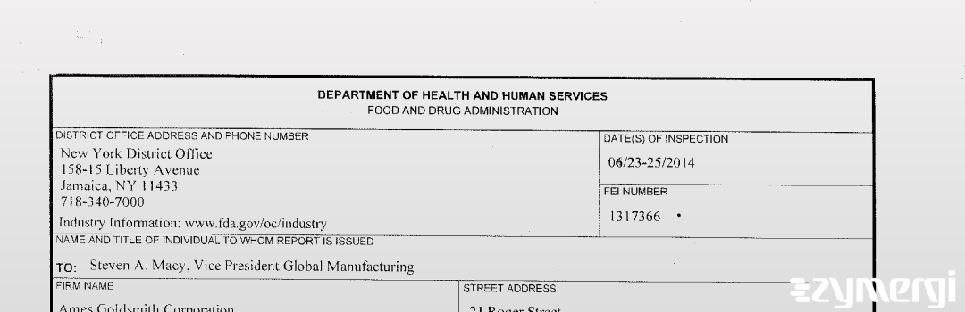 FDANews 483 Ames Goldsmith Corporation Jun 25 2014 top