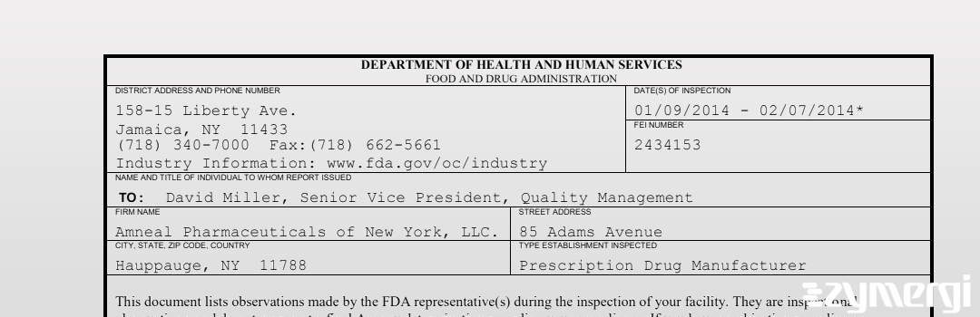 FDANews 483 Amneal Pharmaceuticals of New York, LLC Feb 7 2014 top