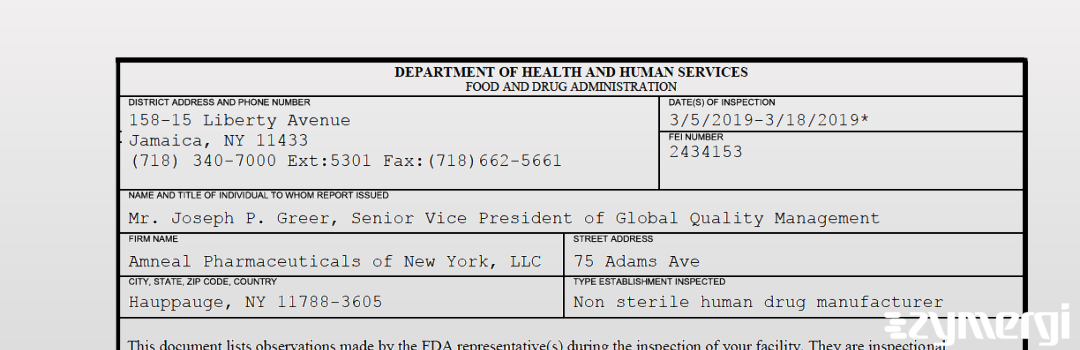FDANews 483 Amneal Pharmaceuticals of New York, LLC Mar 18 2019 top
