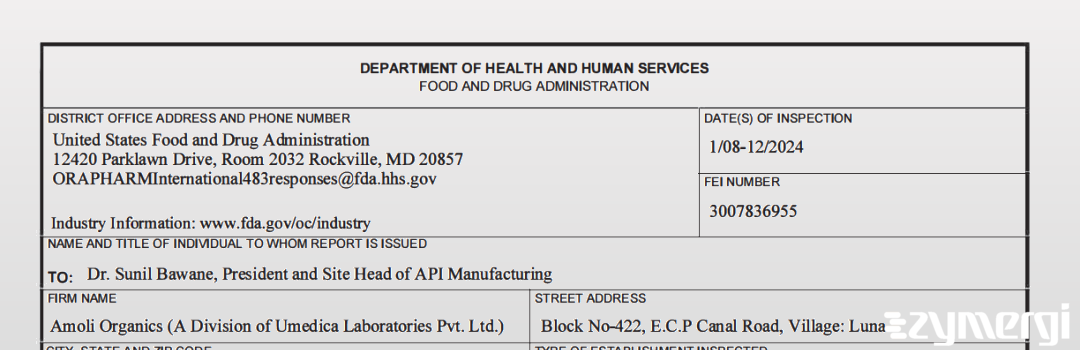 FDANews 483 Amoli Organics (A Division of Umedica Laboratories Pvt. Ltd.) Jan 12 2024 top