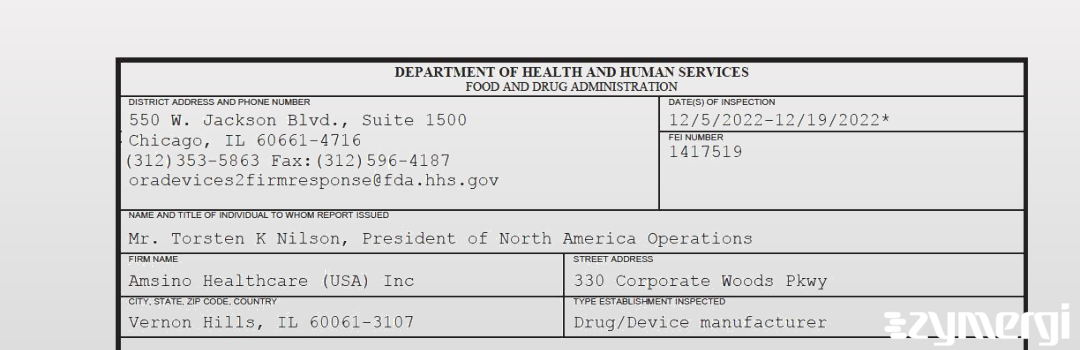 FDANews 483 Amsino Healthcare (USA) Inc Dec 19 2022 top