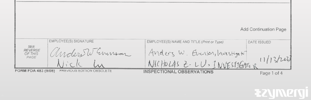 Nicholas Z. Lu FDA Investigator Anders W. Evenson FDA Investigator 