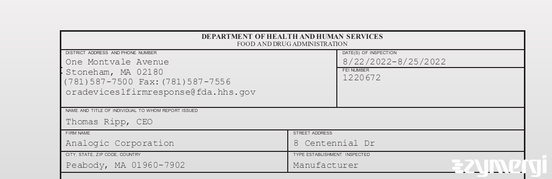 FDANews 483 Analogic Corporation Aug 25 2022 top