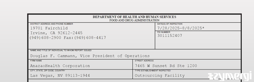 FDANews 483 AnazaoHealth Corporation Aug 8 2025 top