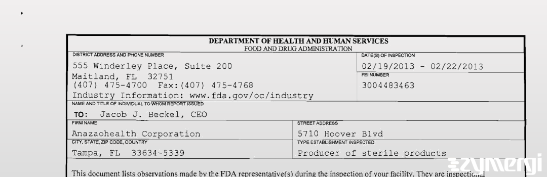 FDANews 483 AnazaoHealth Corporation Feb 22 2013 top